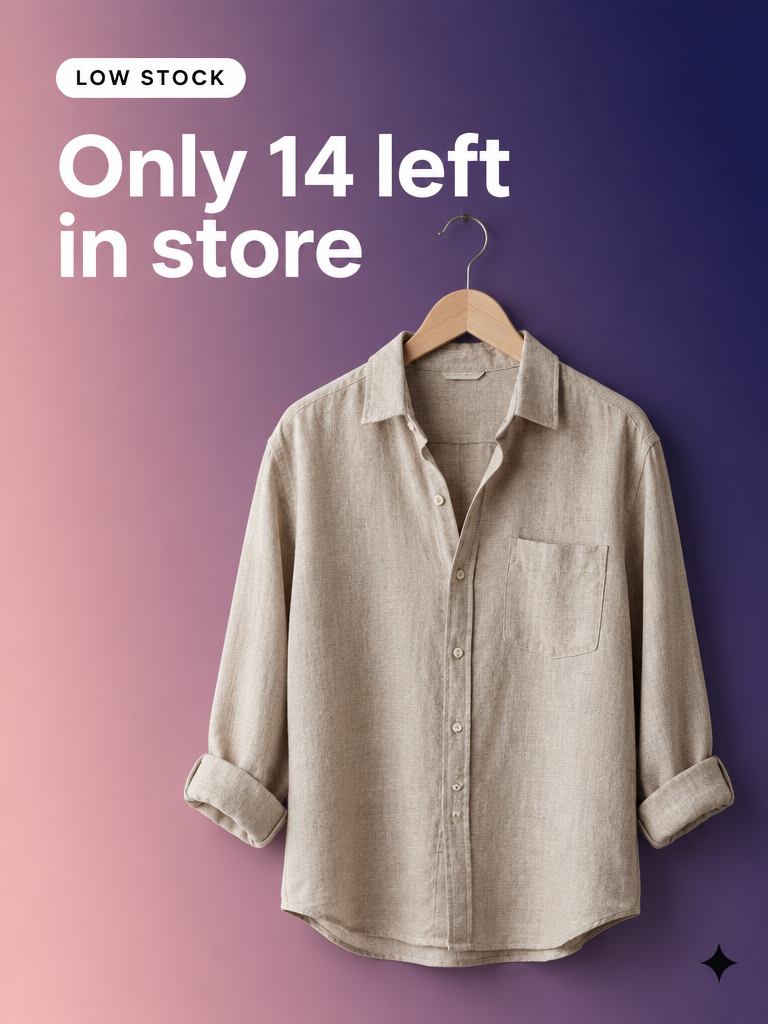Scarcity story example: linen overshirt on a pink-to-indigo degrade with a LOW STOCK chip and “Only 14 left in store”