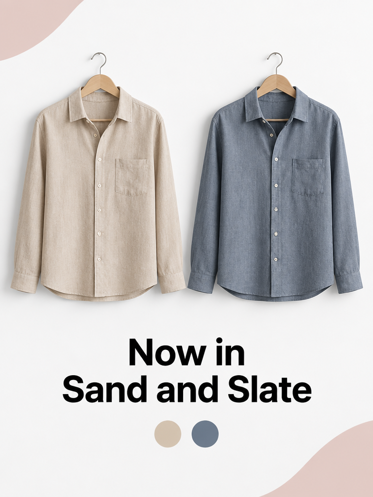 Variant post example: sand and slate linen overshirts side by side with “Now in Sand and Slate” and two color swatches